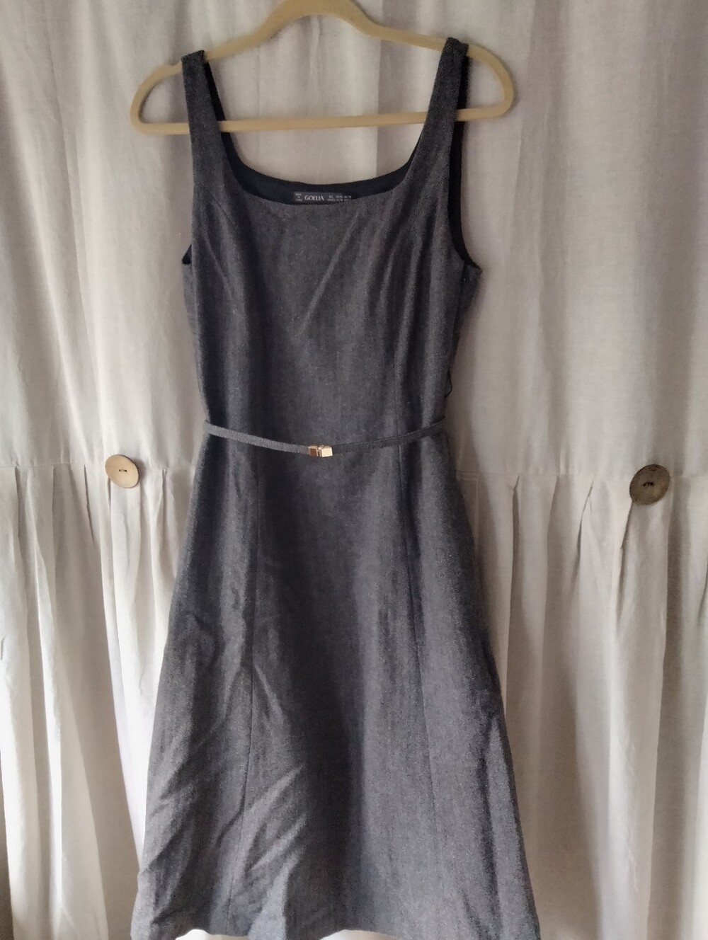 Sleeveless Charcoal Herringbone Grey A-Line Dress with Slim Belt